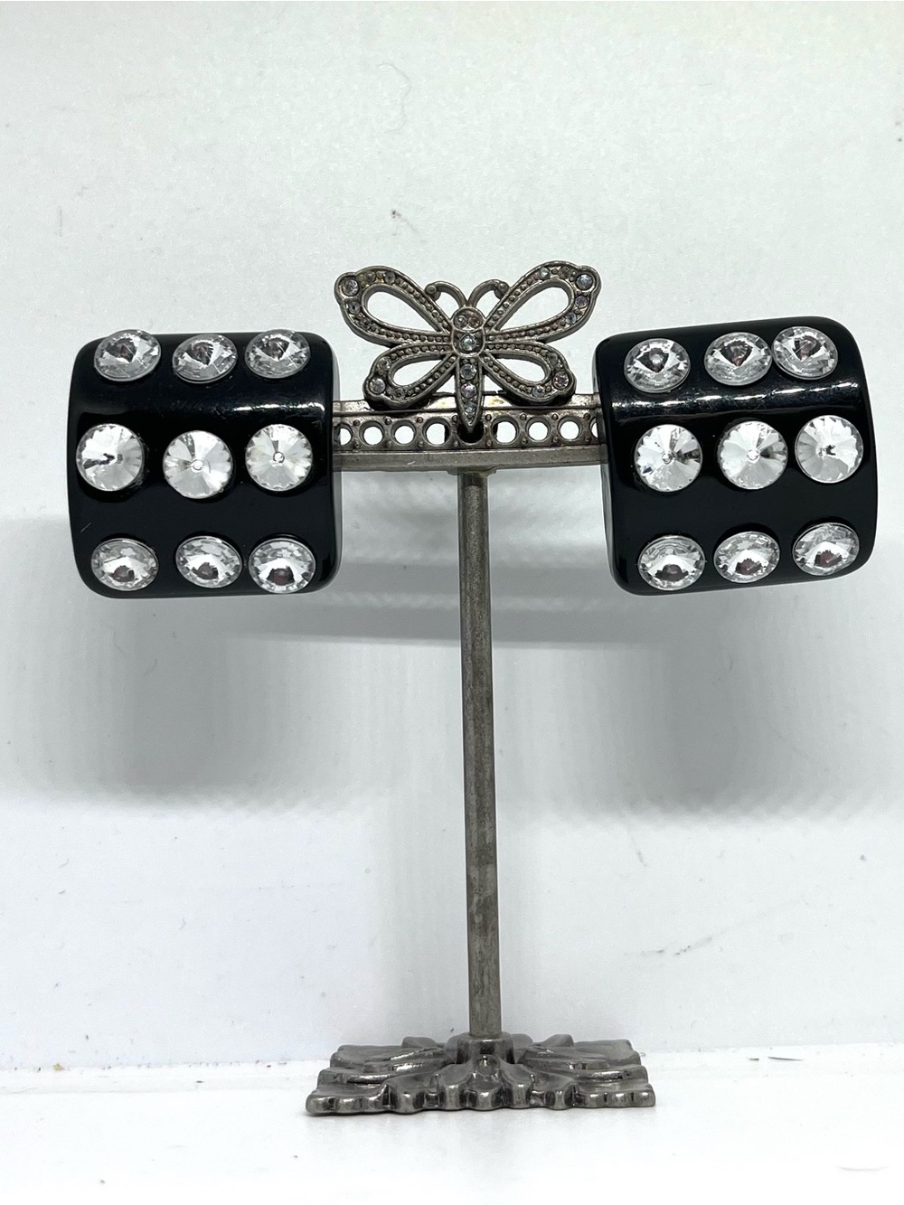 Vintage Black Resin Rhinestone Clip On Earrings